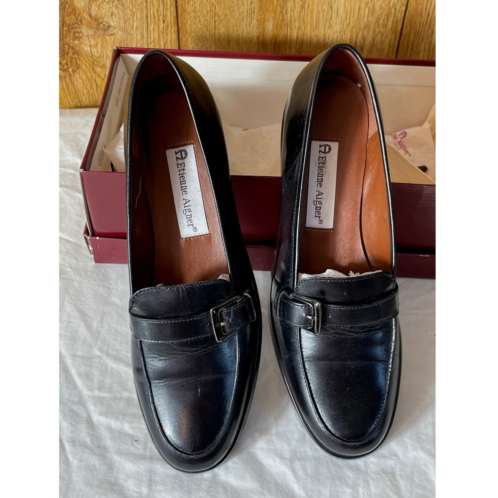 NIB Etienne Aigner Womens Loafers 8N Carver Black Leather Buckle Shoes